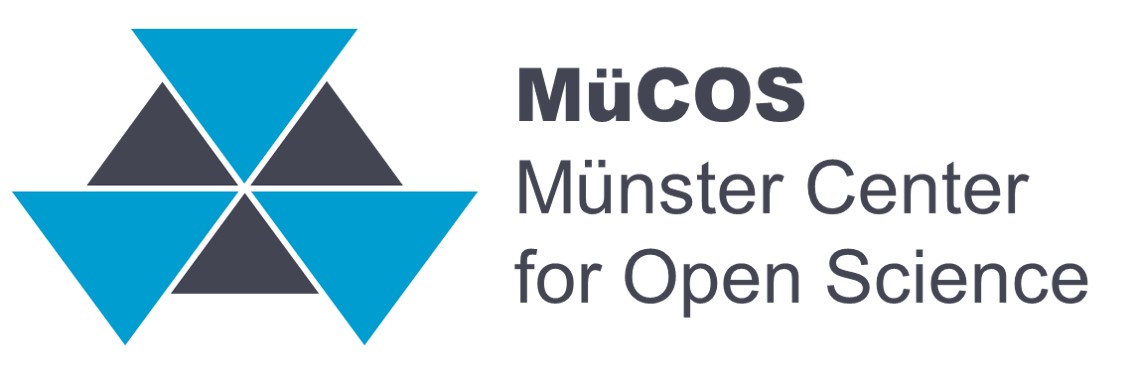 MüCOS Logo: Sechs graue und blaue Dreiecke, daneben steht MüCOS Münster Center for Open Science